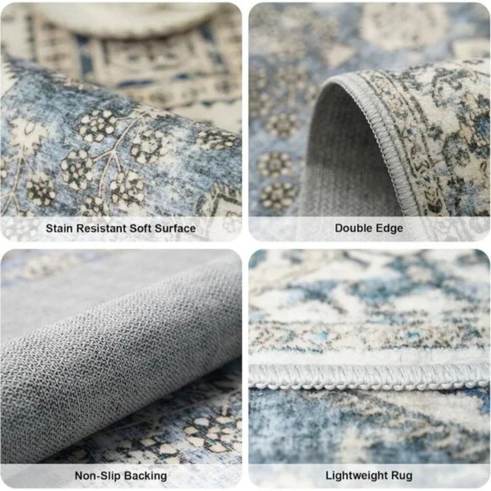 New 2x3 Blue Beige Rug, Washable Vintage Low Pile Non-Slip Carpet for Entryway